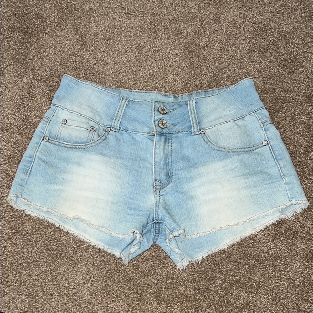 Refuge Blue Jean Shorts with Distressed Hem